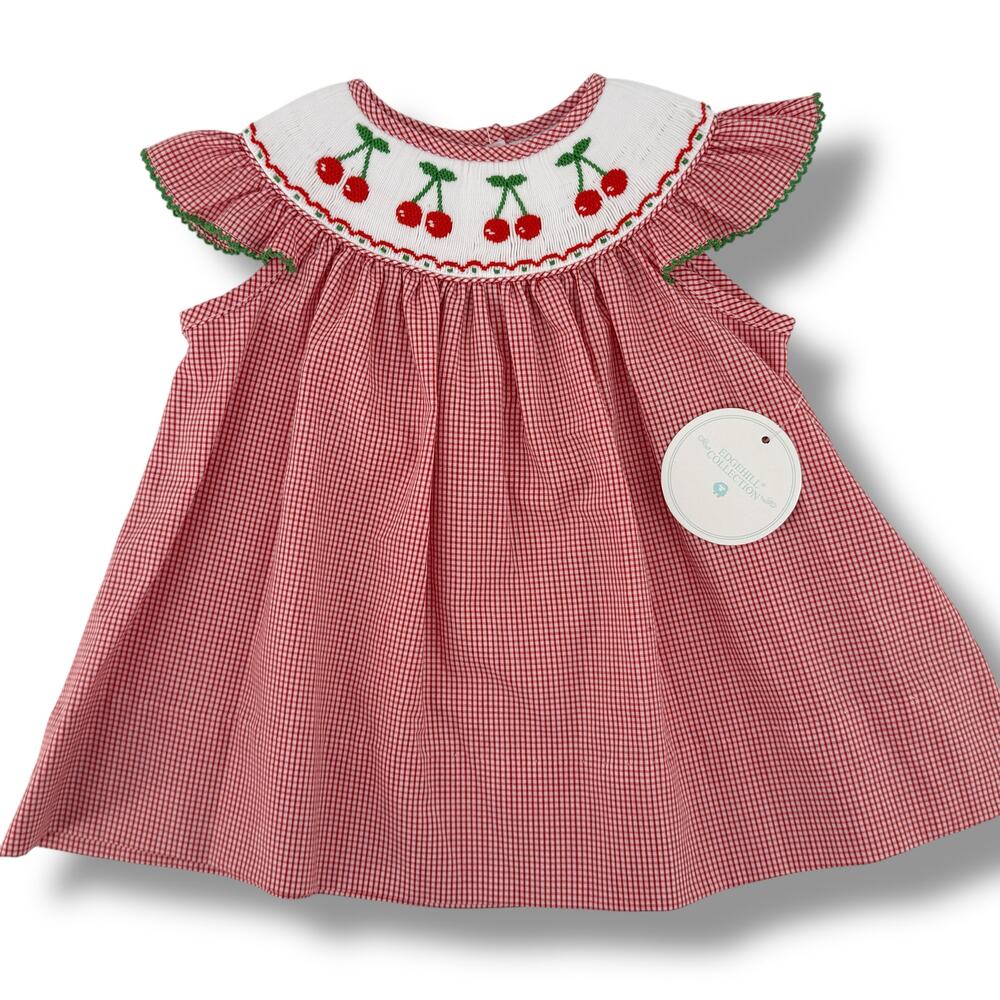 Edgehill Collection Cherry Embroidered Smocked Gingham Checked Dress Sz Newborn
